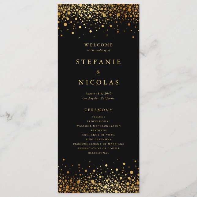 Programme Faux confettis en feuille d'or noir pour mariage (Devant)
