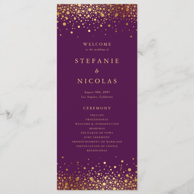 Programme Faux confettis en feuille d'or violet Mariage (Devant)
