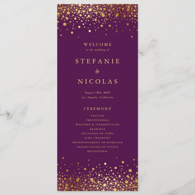 Programme Faux Gold Foil Confetti Dots Purple Mariage (Devant)