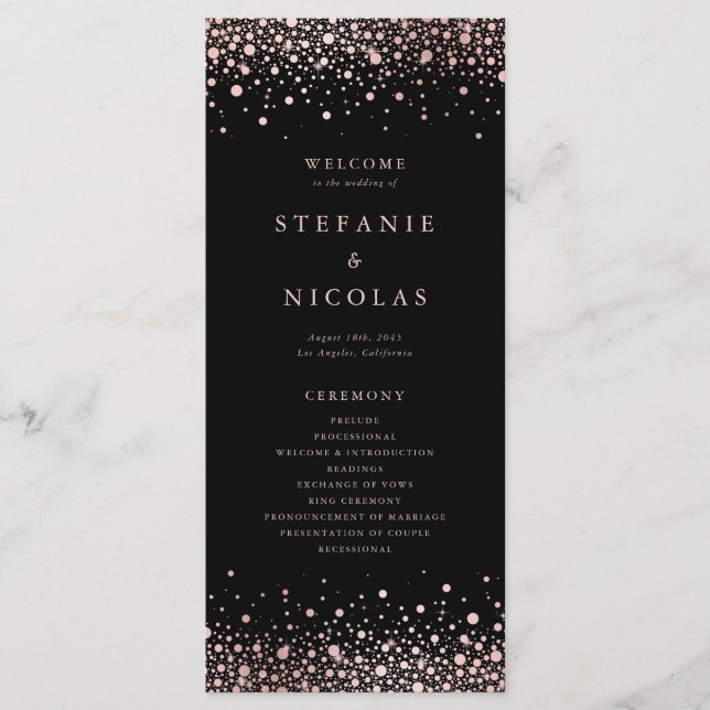 Programme Faux Rose Gold Foil Confetti Dots Mariage noir (Devant)