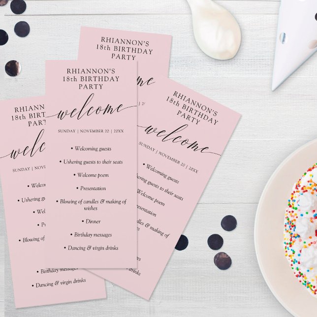 Programme Fête d'anniversaire calligraphie délicate rose pou (Créateur téléchargé)