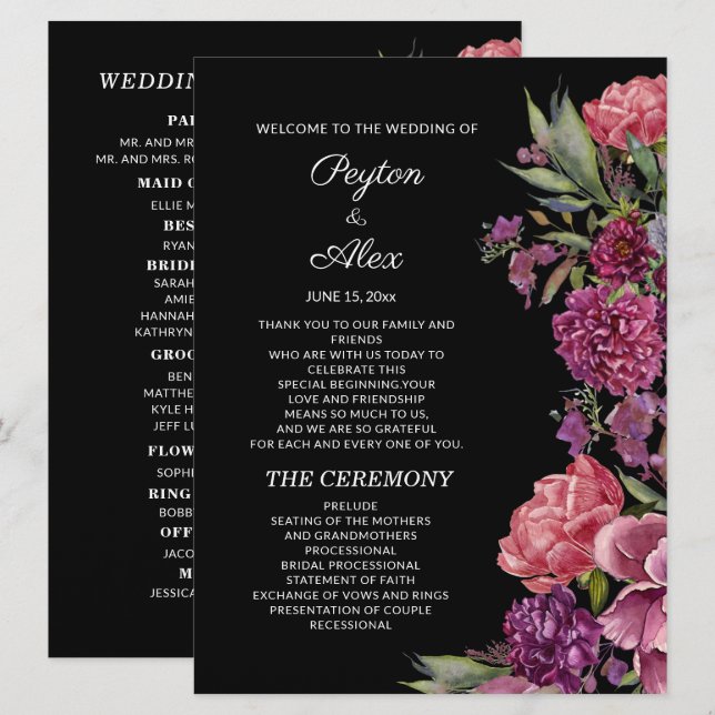 Programme Fête de mariage floral rose violet noir (Devant / Derrière)