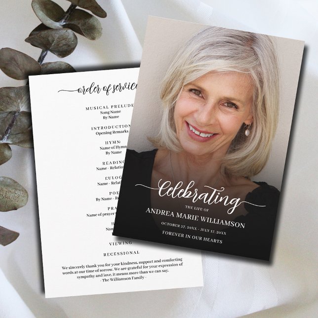 Programme Fête funéraire de la vie Photo (Modern funeral Celebration of Life Program, your photo on the front, Order of Service on the back)