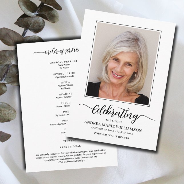 Programme Fête funéraire de la vie Photo Appartement (Modern funeral Celebration of Life Program, your photo on the front, Order of Service on the back)