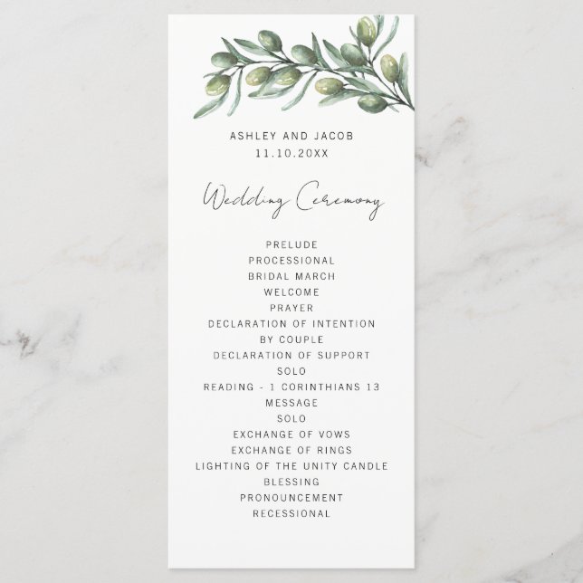 Programme Feuilles d'olive élégantes. Mariage italien de jar (Devant)