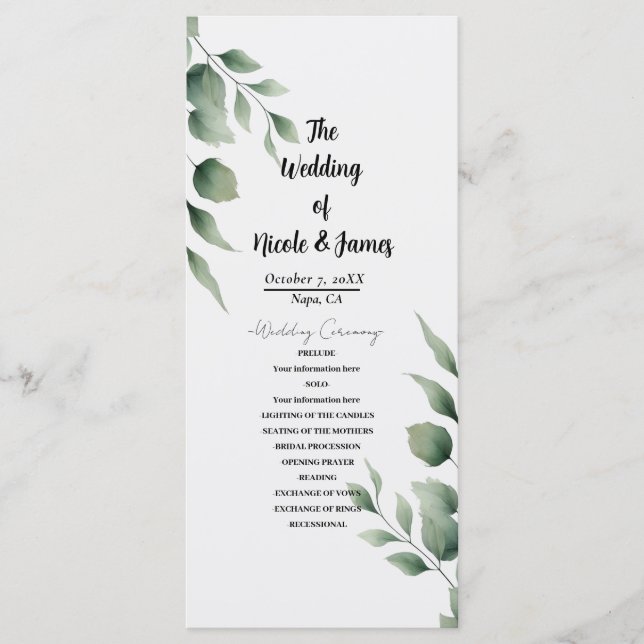 Programme Feuilles verdoyants minimaux Mariage blanc moderne (Devant)