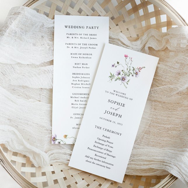 Programme Fleur sauvage botanique | Mariage élégant (Simple and elegant botanical wildflowers decorate these trendy wedding programs)