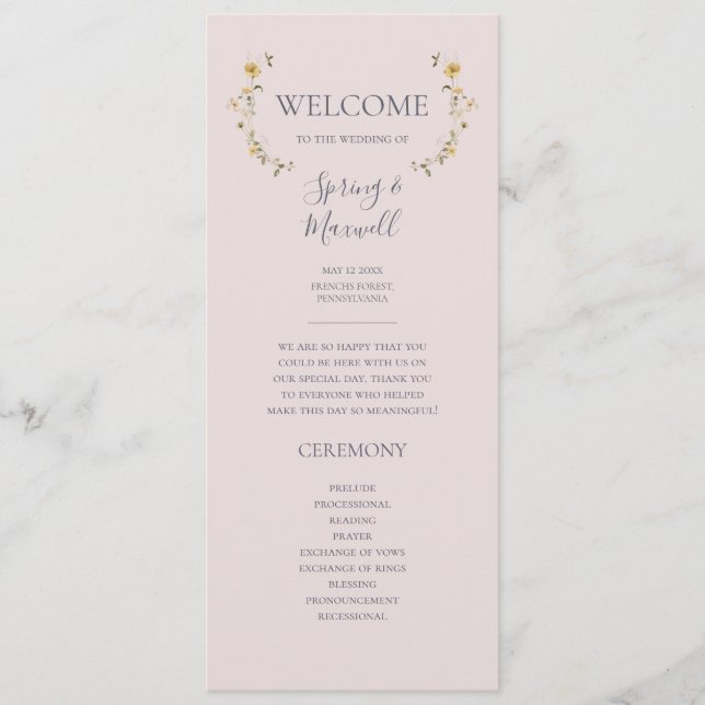 Programme Fleur sauvage de printemps | Blush Wedding Program (Devant)