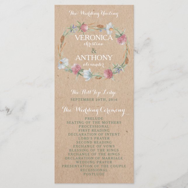Programme Fleur sauvage Wreath On Kraft Mariage campagnard P (Devant)