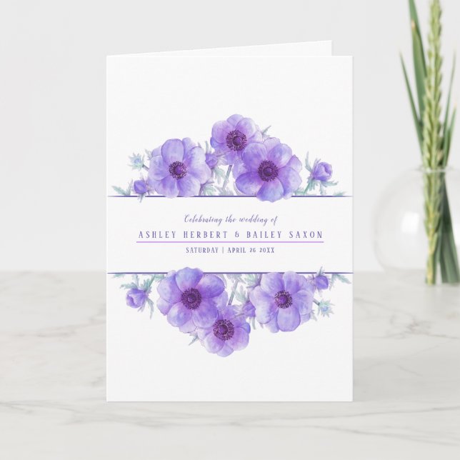 Programme fleurs d'anémone violet mariage aquarelle art (Devant)