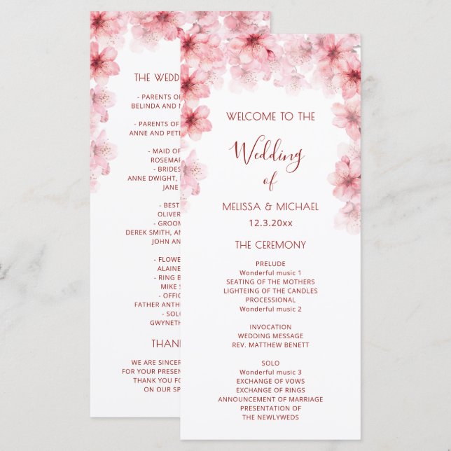 Programme Fleurs de mariage à l'aquarelle Cerisier Fleurissa (Devant / Derrière)