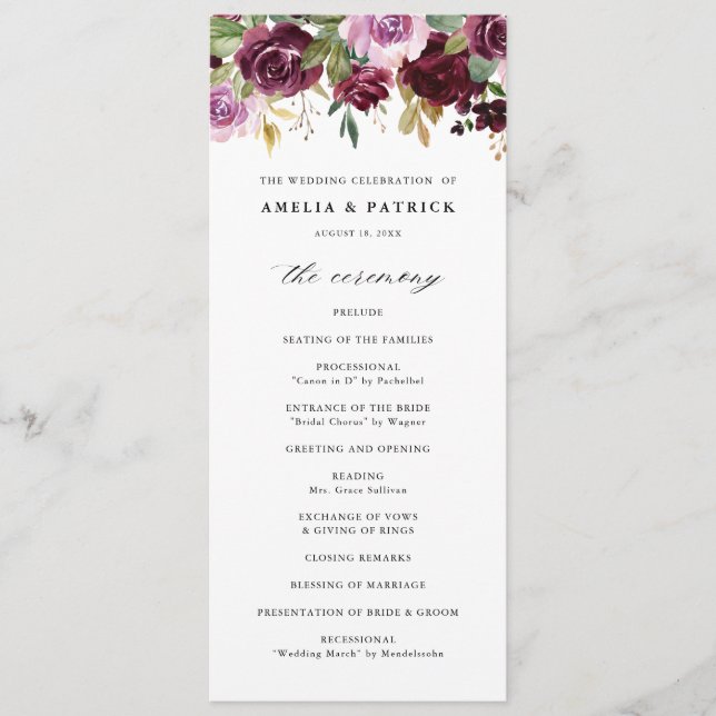 Programme Fleurs de mariage rustiques violettes romantiques  (Devant)