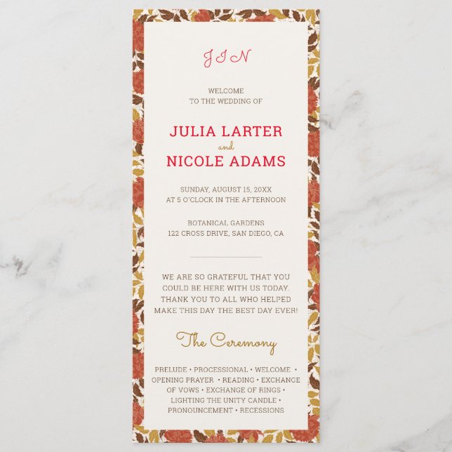 Programme Fleurs de pivoine orange poussiéreuses Mariage d'a (Devant)