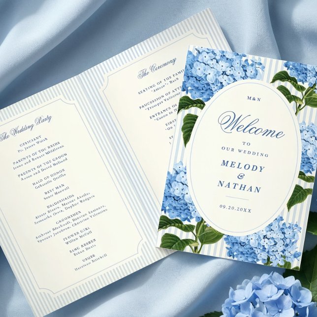Programme Fleurs d'Hydrangea Bleues Mariage Papier Plié (blue hydrangea folded wedding paper program)