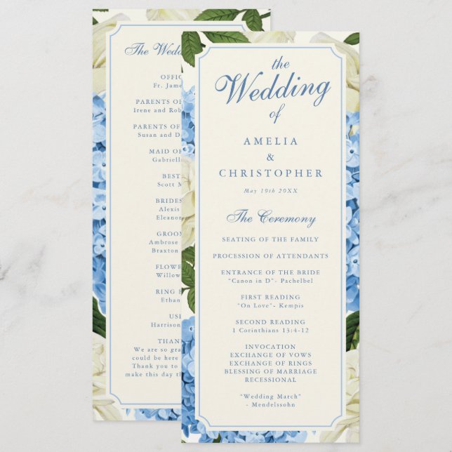Programme Fleurs d'Hydrangea Bleues Roses Blanches Mariage (Devant / Derrière)