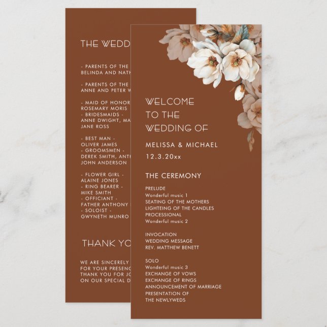 Programme Fleurs Neutres Artistiques Mariage Terracotta (Devant / Derrière)