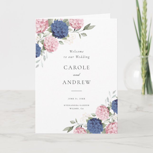Programme Fleurs Rose et Bleu Marine Hydrangea Mariage Plié (Devant)