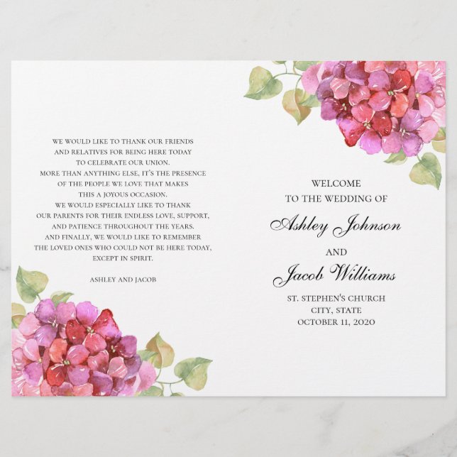 Programme fleurs roses aquarelle. Mariage floral (Devant)