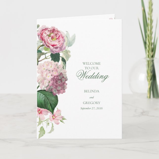 Programme Fleurs roses romantiques Mariage Ordre de service (Devant)