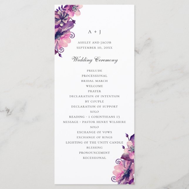 Programme Fleurs violettes et roses à l'aquarelle. Mariage f (Devant)