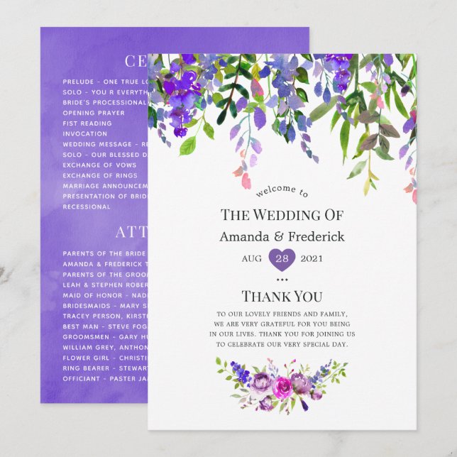 Programme Floral Aquarelle Mariage Ultra Violet (Devant / Derrière)