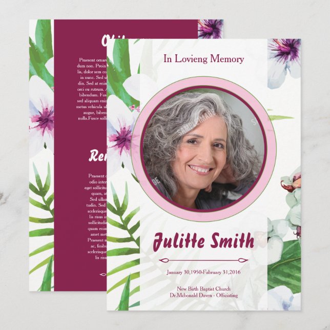 Programme Floral Funeral Program Card Template (Devant / Derrière)