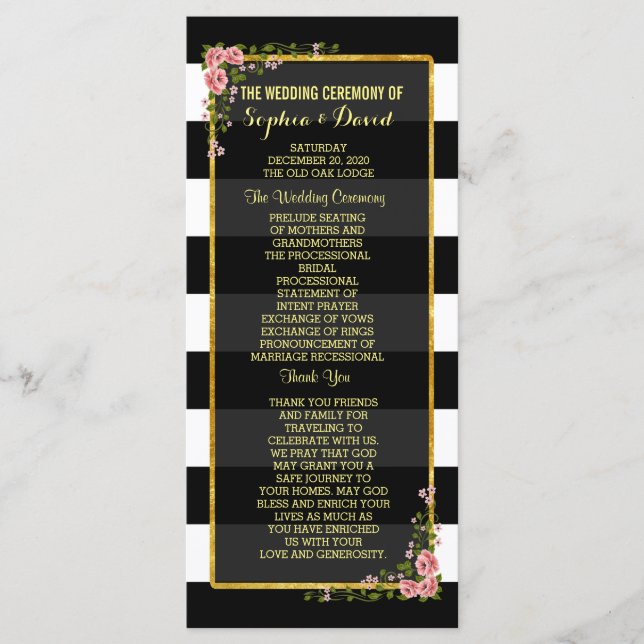 Programme Floral Gold Foil Stripe Mariage Cérémonie Programm (Devant)