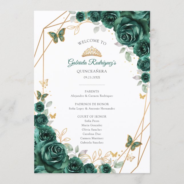 Programme Floral Green Gold Quinceanera Order of Events (Devant)
