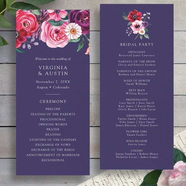 Programme Floral Navy Blue Wedding Program (Watercolor Floral Navy Blue Wedding Program by Painted Paperie
)
