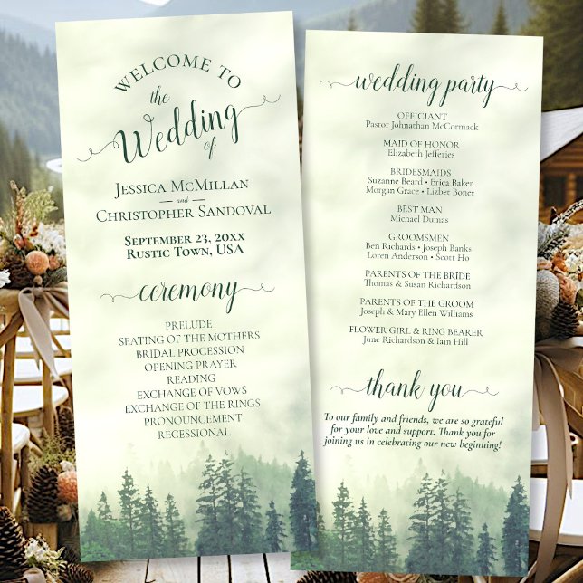 Programme Foggy Green Mountain Pine Forest Mariage rustique (Front/Back)