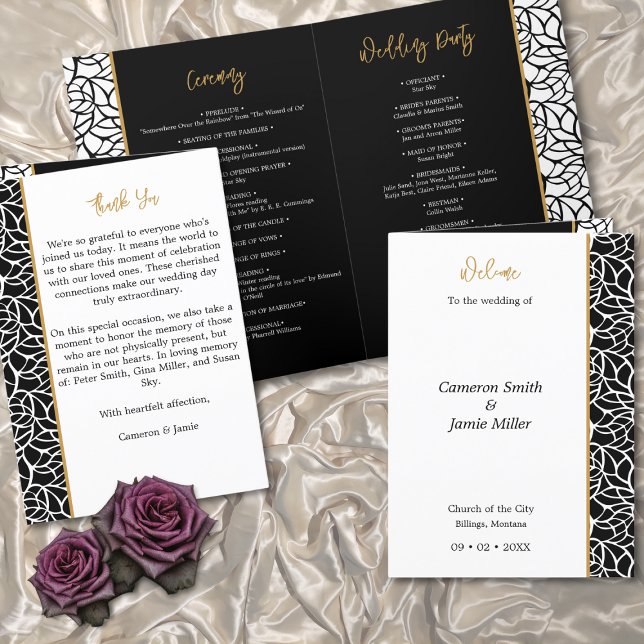 Programme Foliage Frontière Jour de mariage (Foliage Border Wedding Day Program - Black and White Wedding Theme)