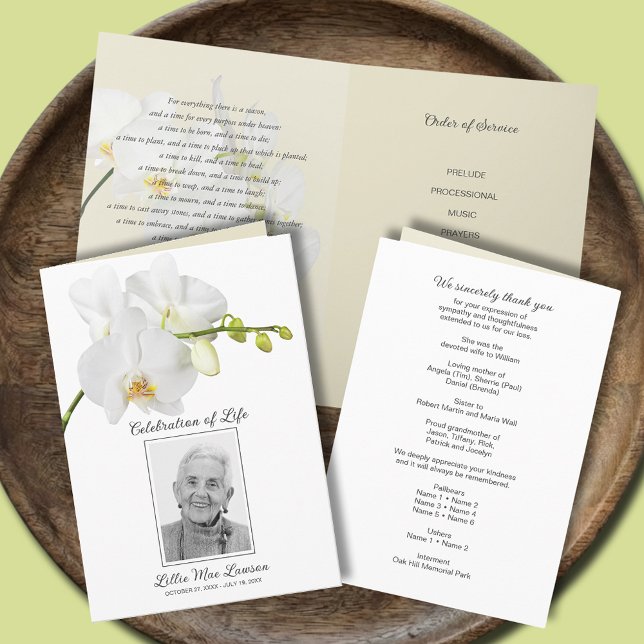 Programme Funérailles de l'orchidée blanche Célébration de l (White orchid funeral Celebration of Life photo program, 5" x 7" folded size)