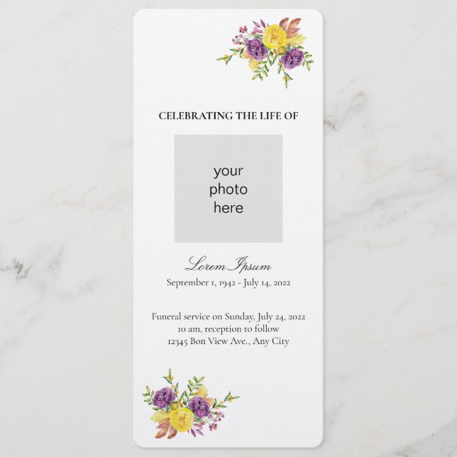 Programme Funérailles du Spray botanique jaune et violet (Devant)