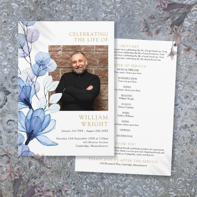 Programme Funérailles Florales Bleues Ordre de service (Blue Floral Memorial Funeral Order Of Service Program)