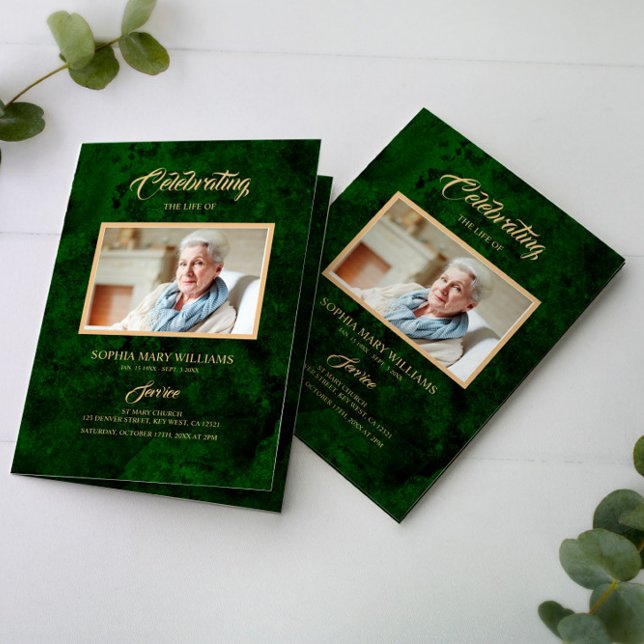 Programme Funérailles Green & Gold Calligraphie |Programme M (Créateur téléchargé)