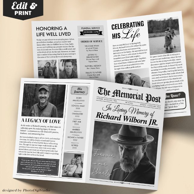 Programme funéraire Célébration de la vie Carte de (Custom Funeral Program Newspaper, Celebration of Life Newspaper 4 page Card template and print)