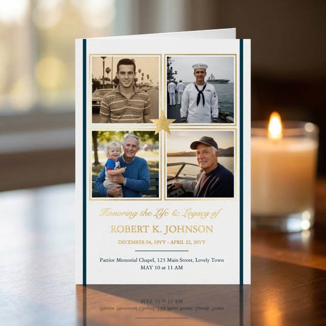 Programme funéraire en papier doré avec 5 photos p (Gold foil program for celebration of life with 5 photos - designed for Navy Veteran.)