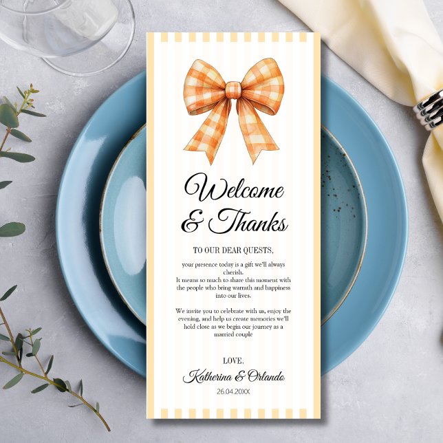 Programme Gingham Bow Wedding Place Setting Thank You Card (Créateur téléchargé)