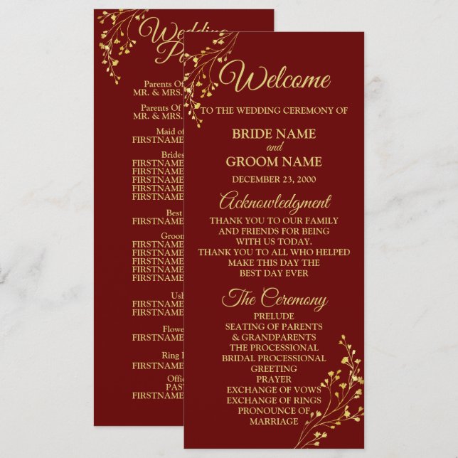 Programme Golden Floral Geometric Wreath Red Wedding (Devant / Derrière)