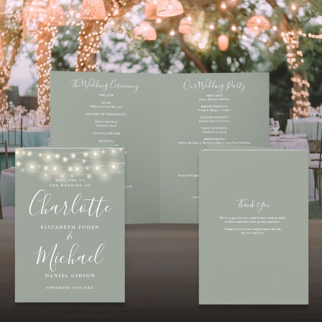 Programme Guirlandes lumineuses Vert sauge Écriture élégante (String Lights Sage Green Elegant Script Wedding Program)
