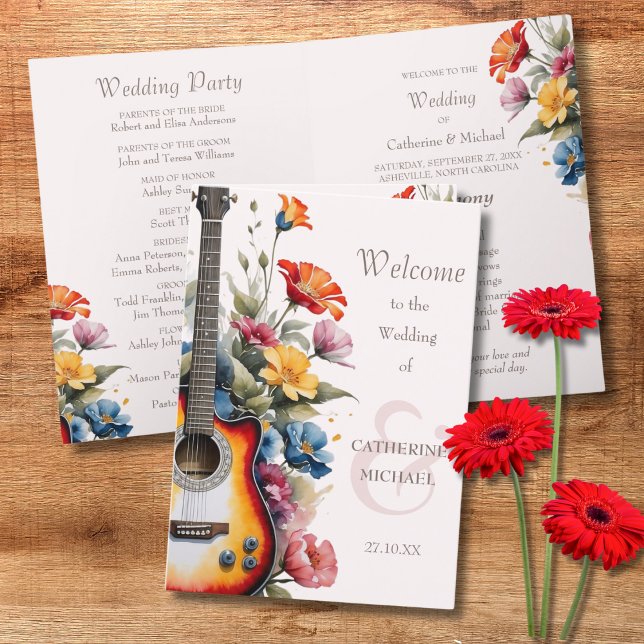 Programme Guitare Fleur sauvage Musical Pays Printemps Maria (Flat lay musical concert country rustic vibe botanical cottage garden Wedding Program)