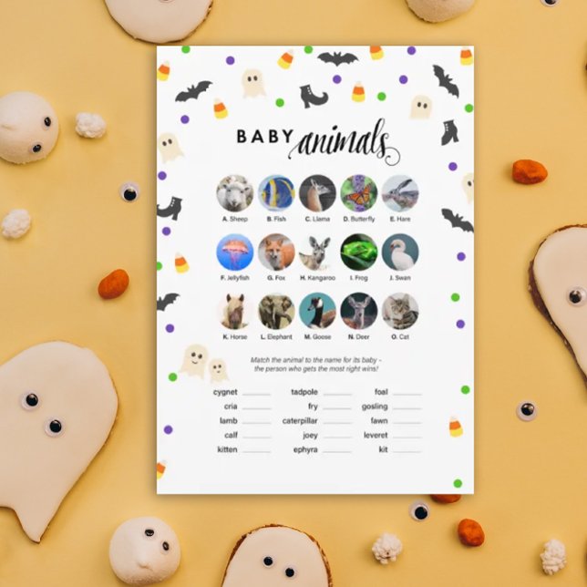 Programme Halloween thème baby shower jeu bébé animaux (Baby Animals!  Halloween inspired baby shower game for October baby showers.)