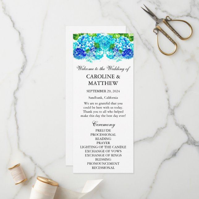 Programme Hydrangea Blue Floral Aquarelle Mariage rustique (Devant/Arrière en situation)