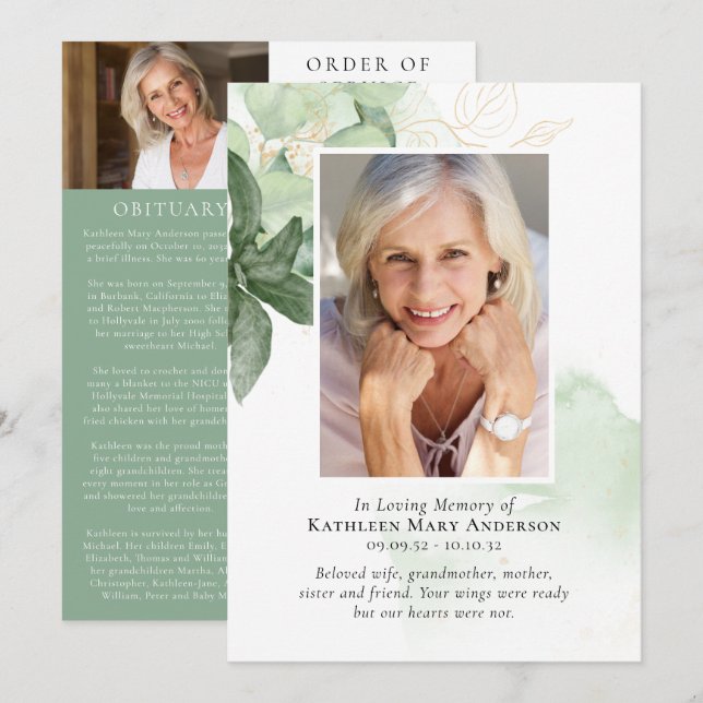 Programme In Loving Memory Greenery Photo Memorial Service (Devant / Derrière)