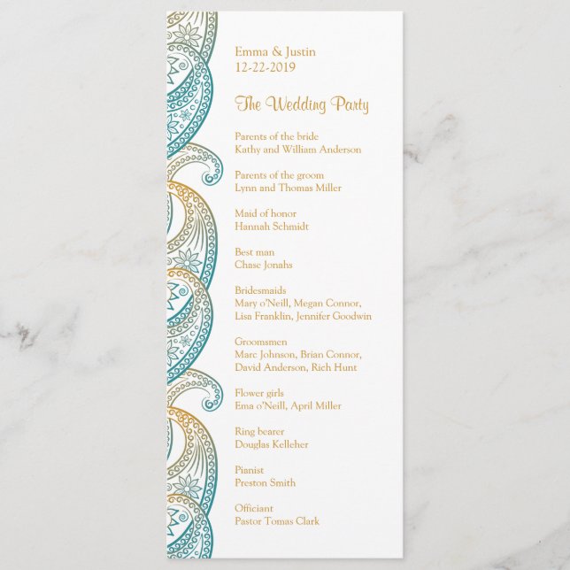 Programme Indian Paisley Turquoise et Gold Mariage (Devant)