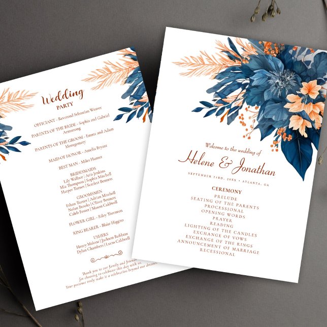Programme Indigo Rust Moderne Floral Boho Élégant Mariage (Indigo Rust Modern Floral Boho Elegant Wedding Program)