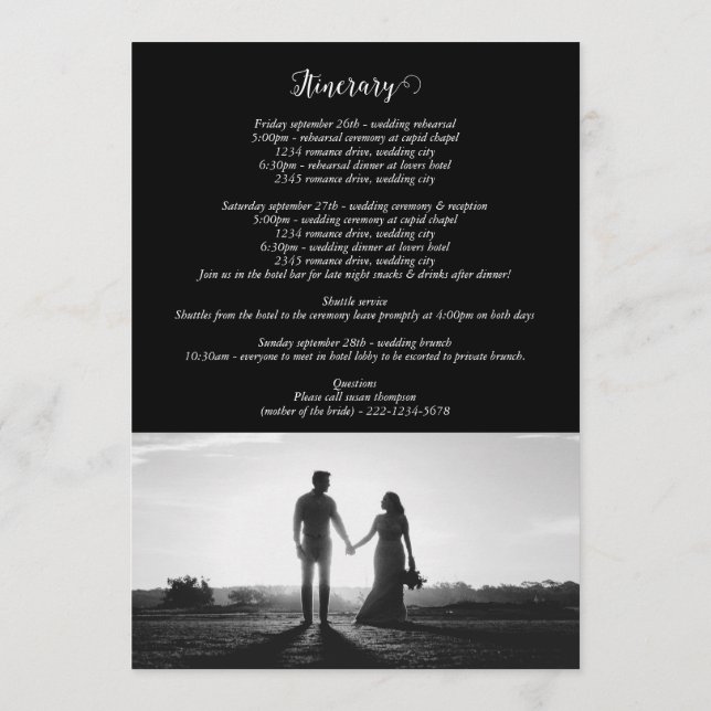 Programme Itinéraire du Mariage photo en noir et blanc (Dos)