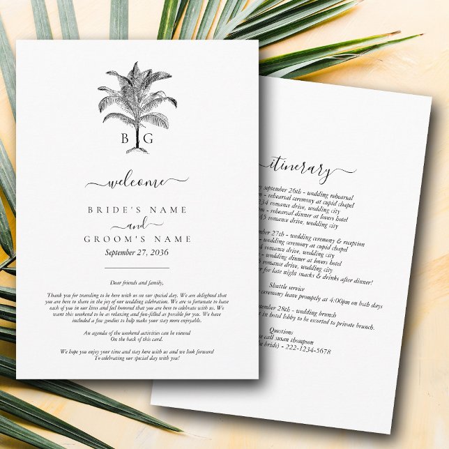 Programme Itinéraire Mariage de Monogramme de palmier tropic (Tropical Palm Tree Monogram Wedding Itinerary Program)