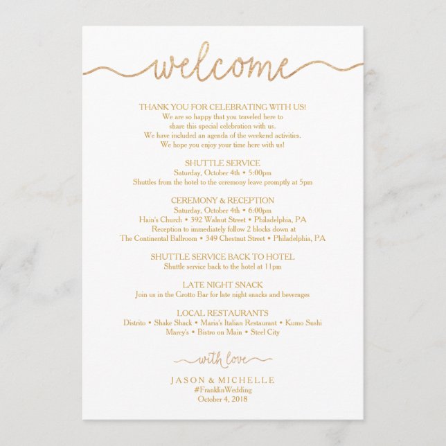 Programme Itinéraire Mariage Gold Script - Bienvenue Mariage (Devant)