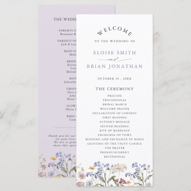Programme Jardin de mariage de prairie de fleurs sauvages de (Devant / Derrière)